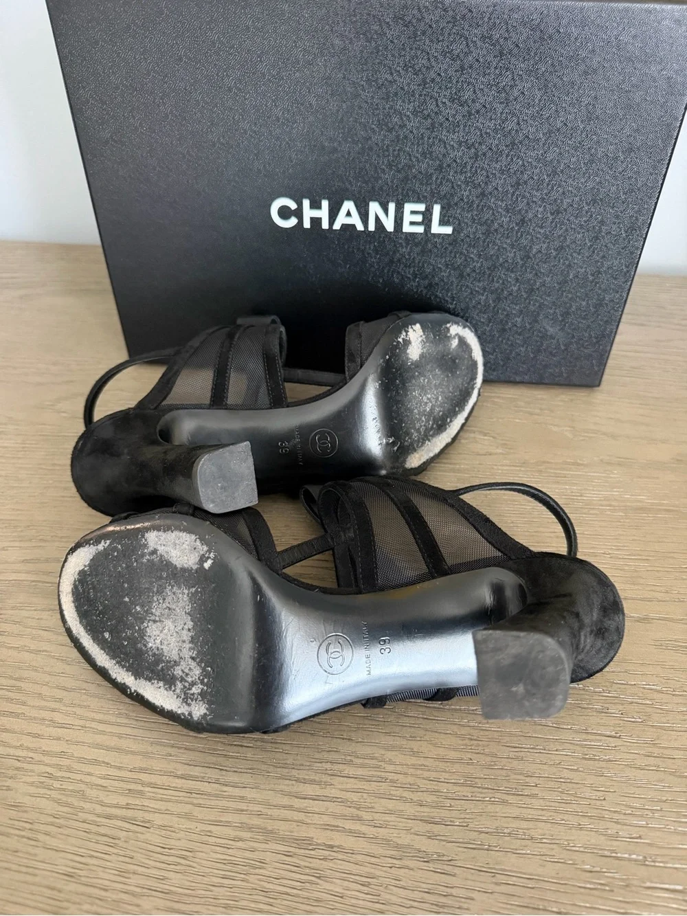 CHANEL Black Satin Bow T-Strap Heels with Gold Insole